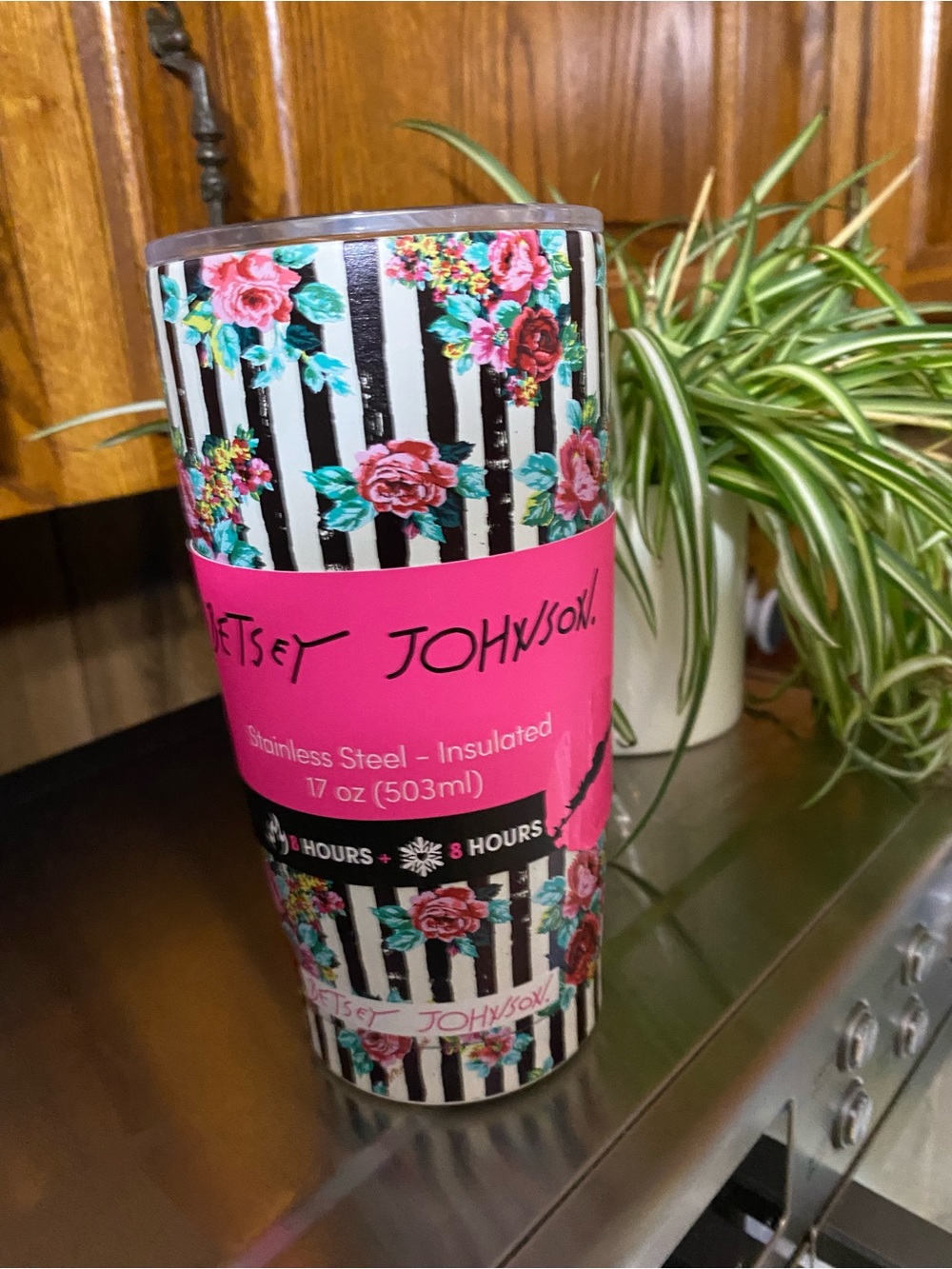 Betsey Johnson Black & White Striped Floral Tumbler with Hot Pink Logo - Picture 2 of 10